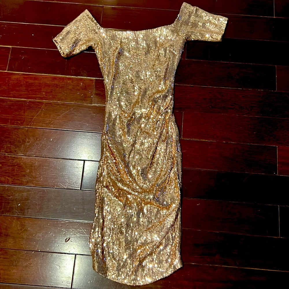 Rose gold sequins off the shoulder Nicole miller dress